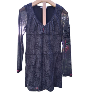 VITRIN DESIGN Black Grey Lace Print Long Sleeve Dress S Gothic Festival Party